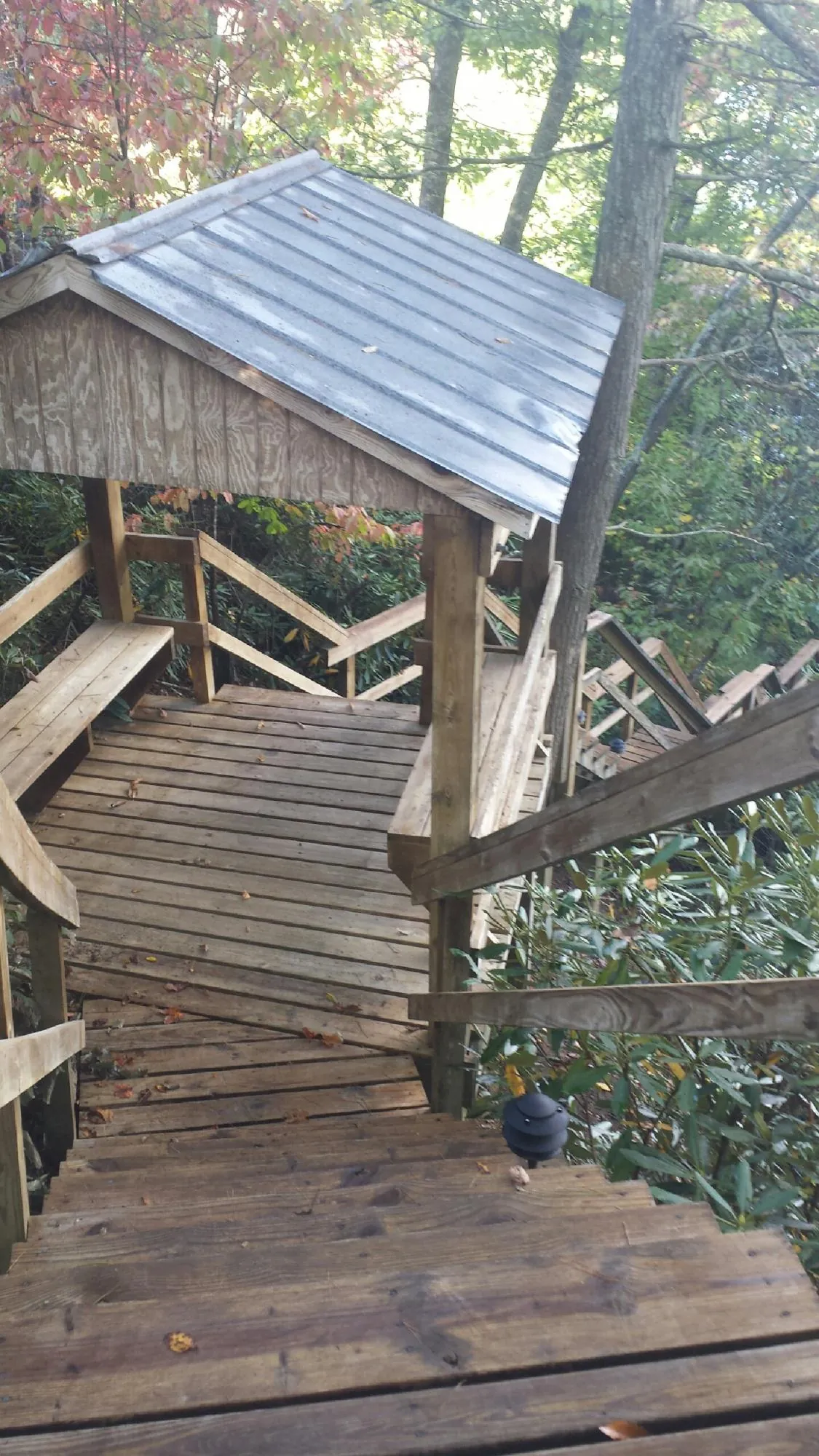 Metal roofed shelter over wooden steps on a wooded walkway — Skylight Repair & Installation work by our crew in Carnegie
